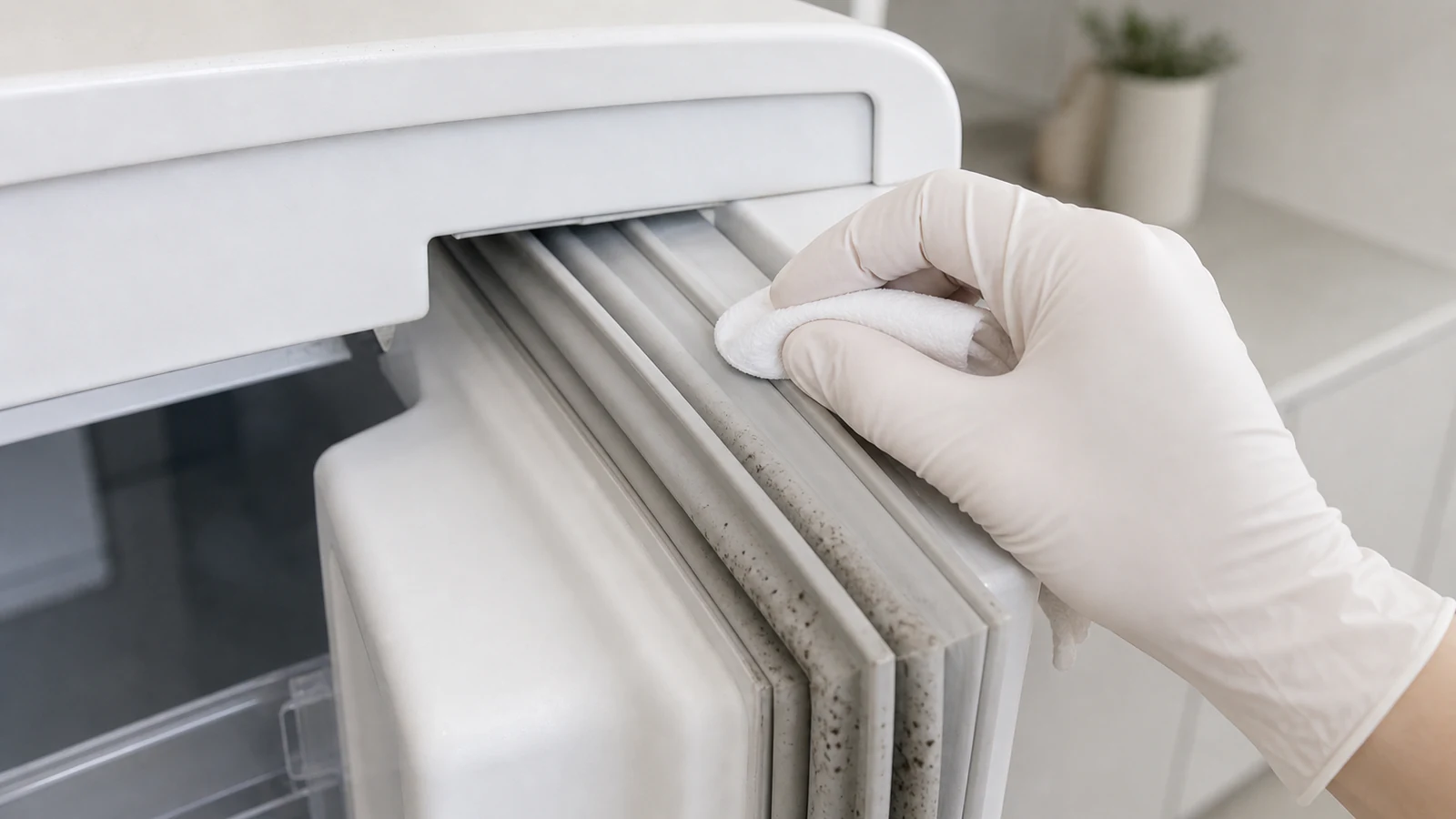 A gloved hand applying diluted cleaner to a small hidden area of the fridge gasket with a soft cloth
