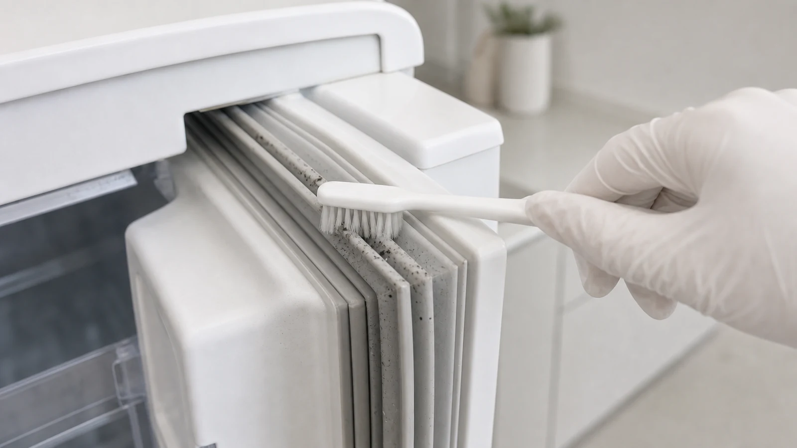 A soft toothbrush gently scrubbing the black mould deposits inside a fridge door gasket fold