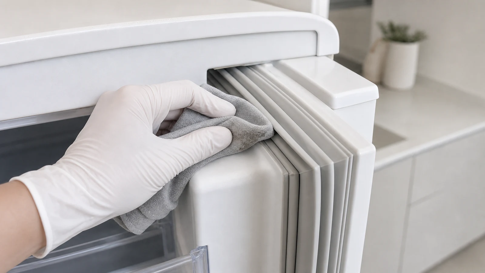 A damp cloth wiping along the inside of a clean fridge door gasket fold