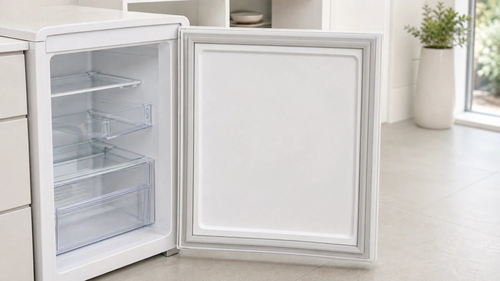 A fridge door held open to allow the cleaned gasket to air-dry naturally