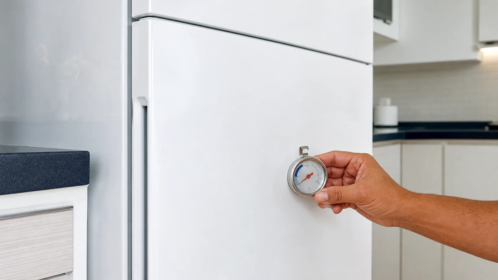 A banknote placed half in and half out of a closed fridge door to test the seal grip