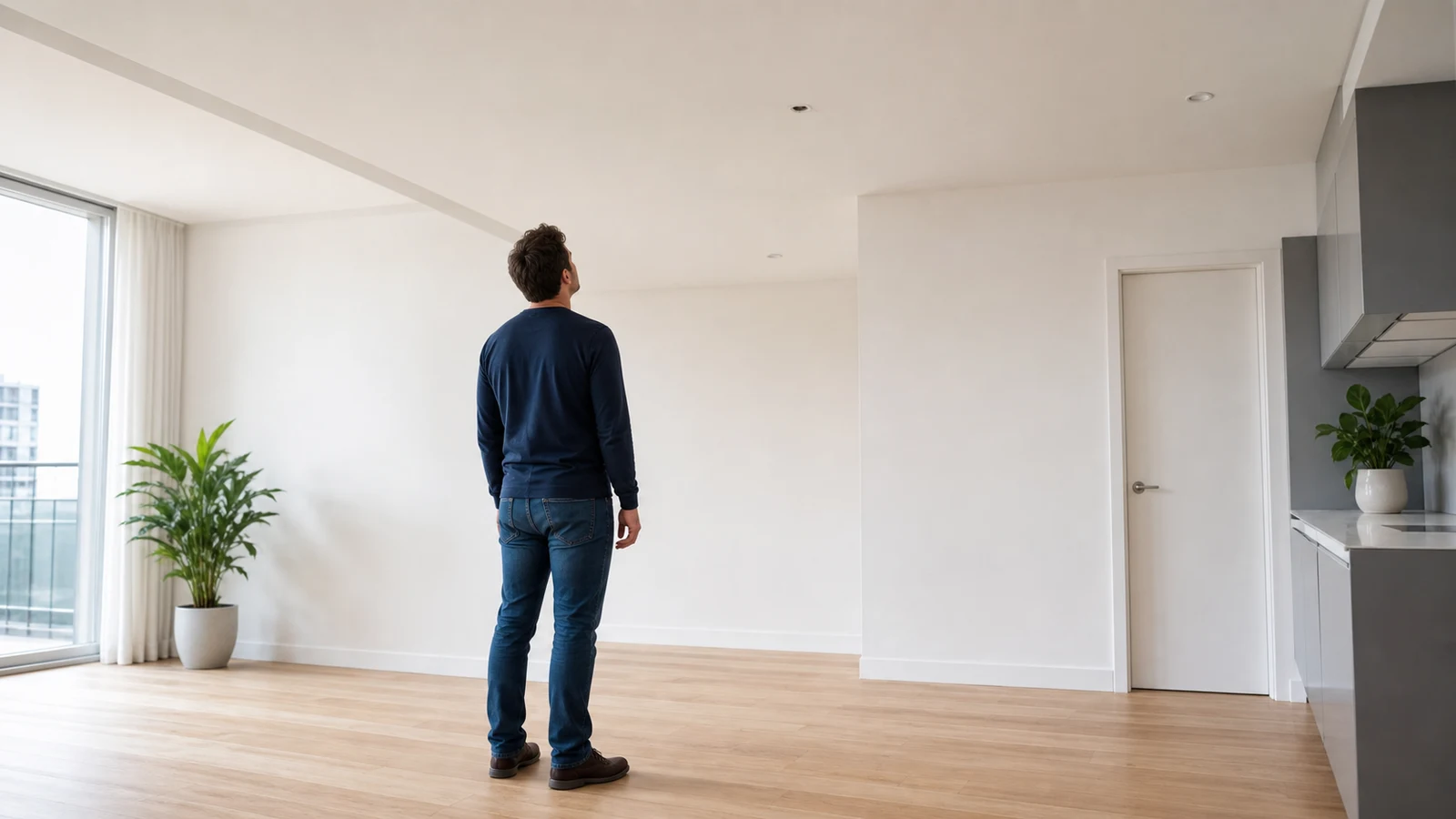 A person inspecting a tiny ceiling mould spot from the floor in daylight without climbing or touching it.