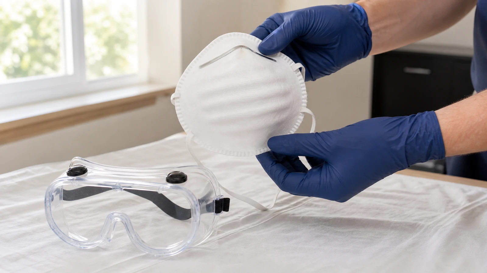 Nitrile gloves, sealed safety goggles and a P2/N95 respirator prepared together before cleaning.