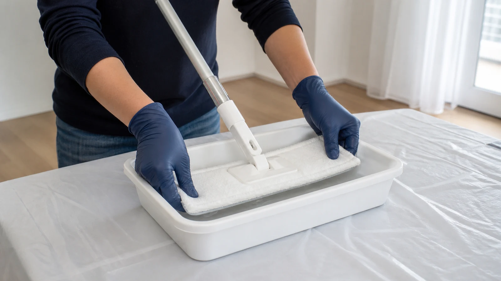 Gloved hands lightly dampening a clean flat extension-pole pad in a small tray at waist height.