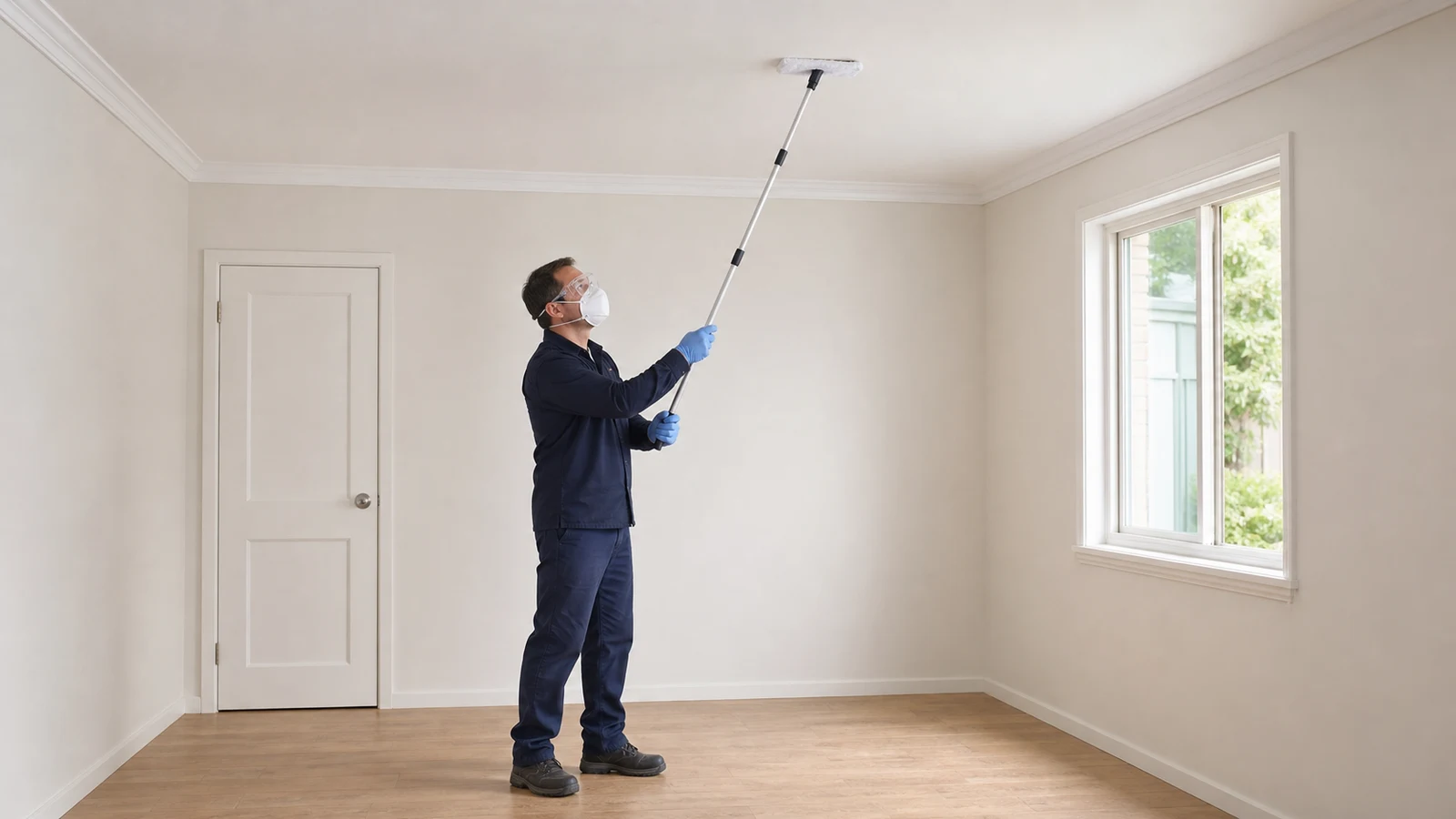A protected person using a long-handled flat pad from the floor to treat a tiny isolated ceiling spot.