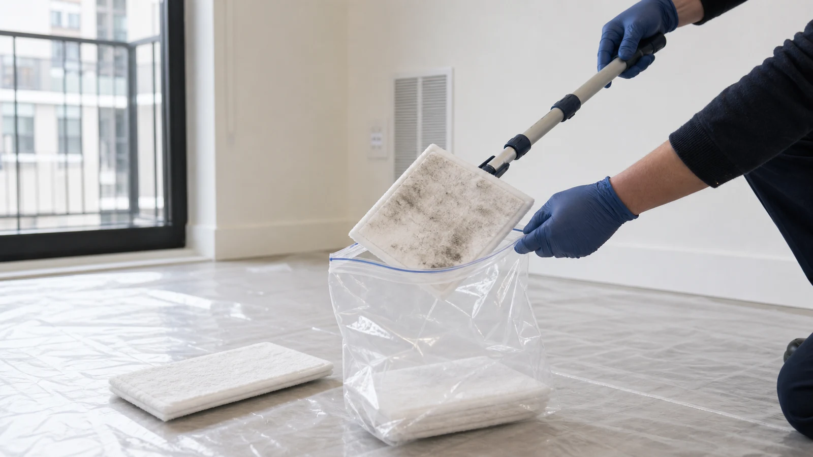 A clean flat pad making one controlled wipe from the floor before the used pad is lowered into a waste bag.