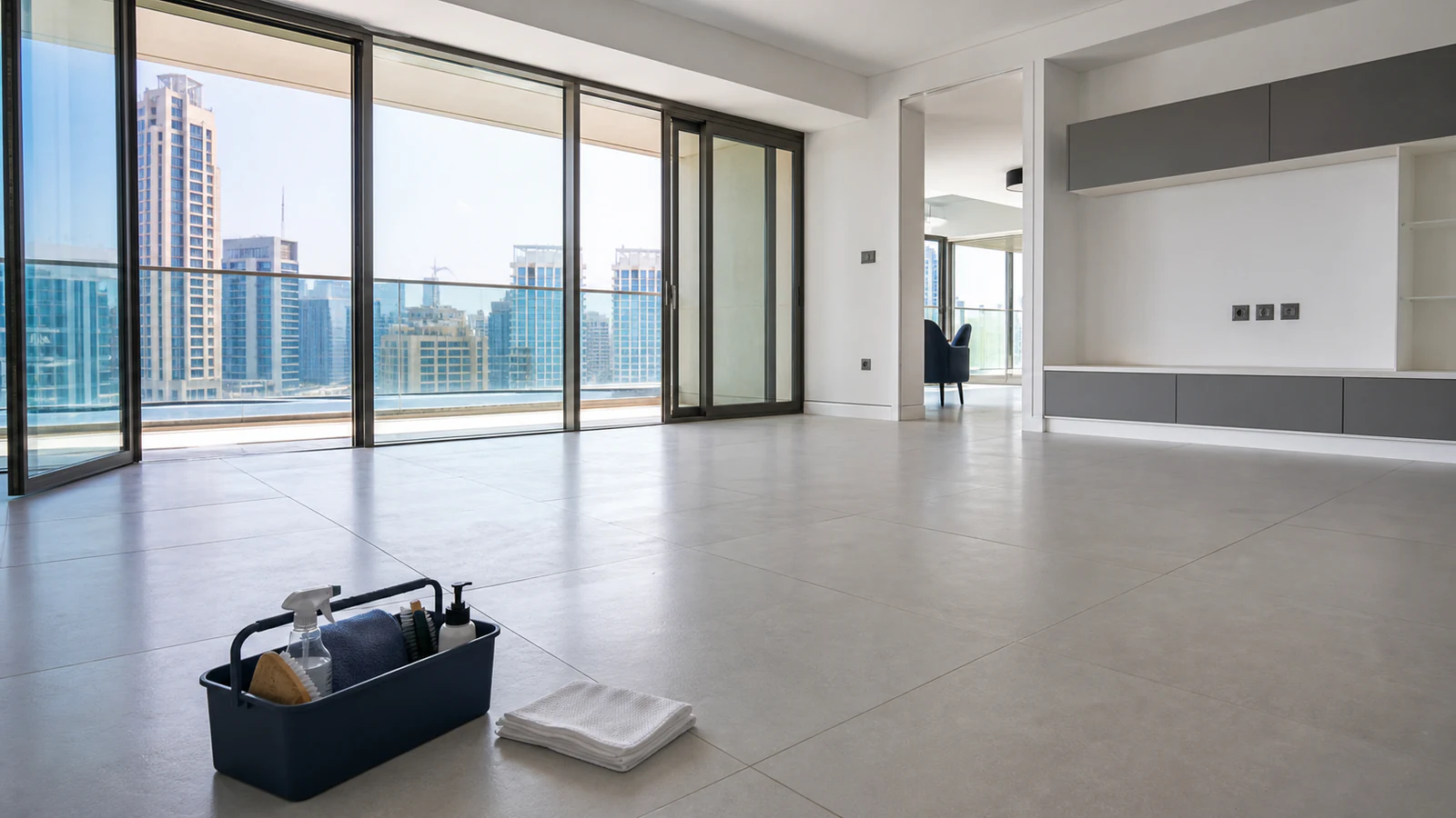 Empty living room with open balcony doors, natural light, ready for cleaning
