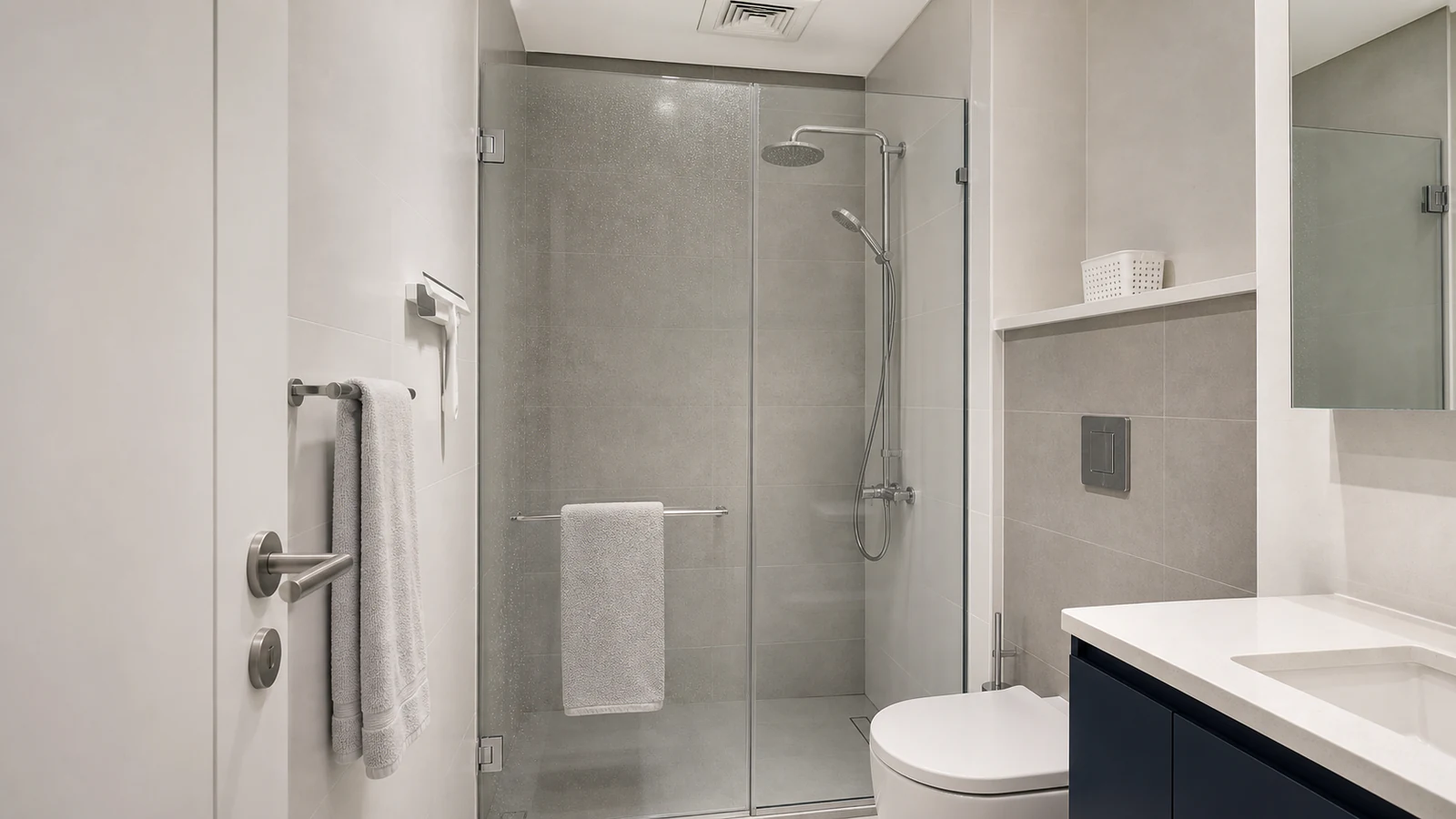 Contemporary windowless bathroom interior with ceiling extractor fan grille visible, squeegee leaning against wet shower glass, corner showing towel rail and moisture absorber container in soft natural daylight.