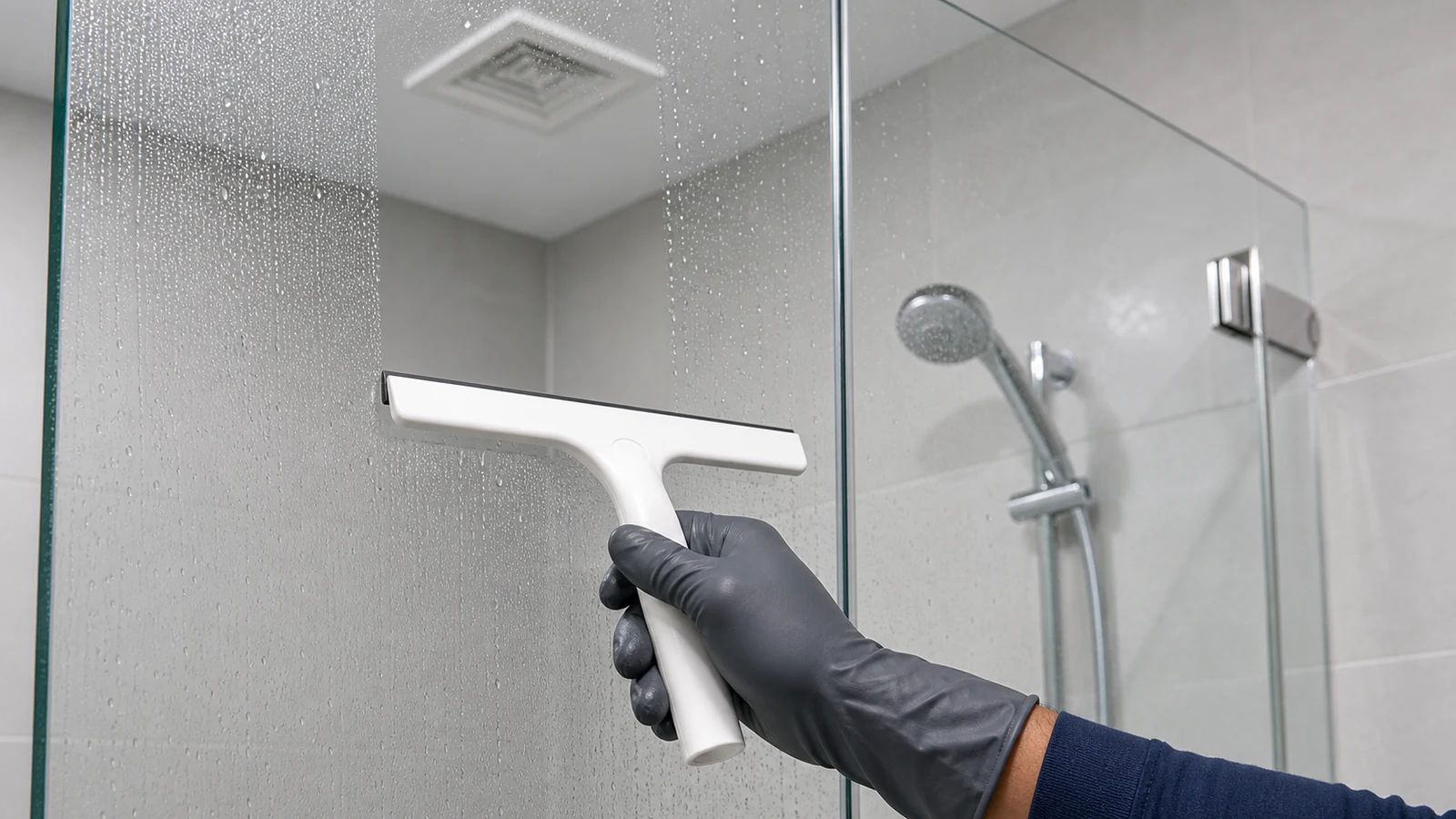 Close-up of a hand with a microfibre cloth removing water droplets from shower glass panel, bathroom humid but fan clearly running overhead, contemporary UAE bathroom.