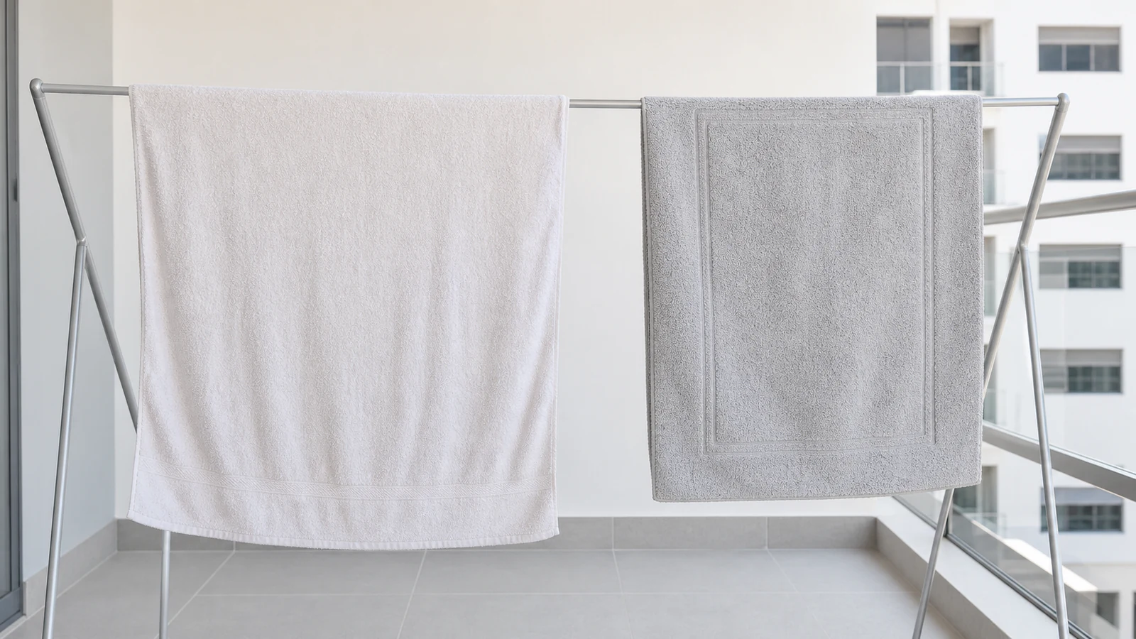 Bathroom towels and a mat hanging individually on an outdoor clothesline, well spaced, in bright UAE daylight with clear blue sky.