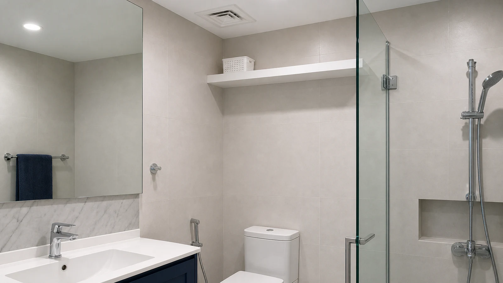Bathroom corner showing a moisture absorber container placed on a high shelf above a toilet tank, far from shower area, contemporary UAE bathroom.