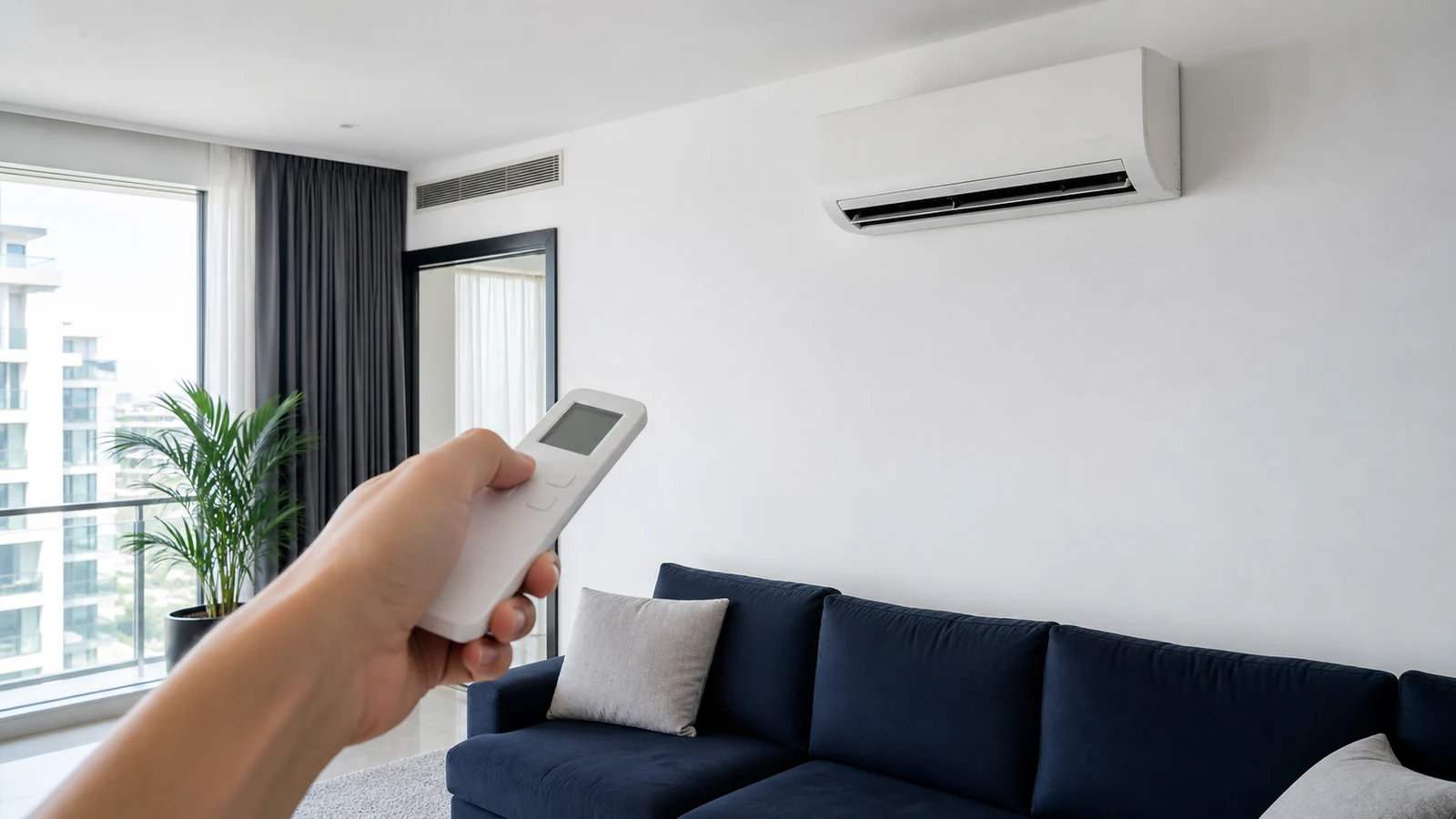 A closed wall split AC being checked from floor level with its manual and remote nearby.