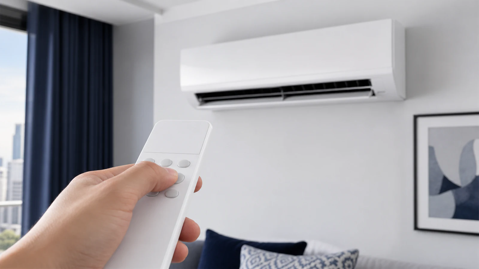 A person inspecting a wall split AC from floor level for water, ice or visible damage without opening it.