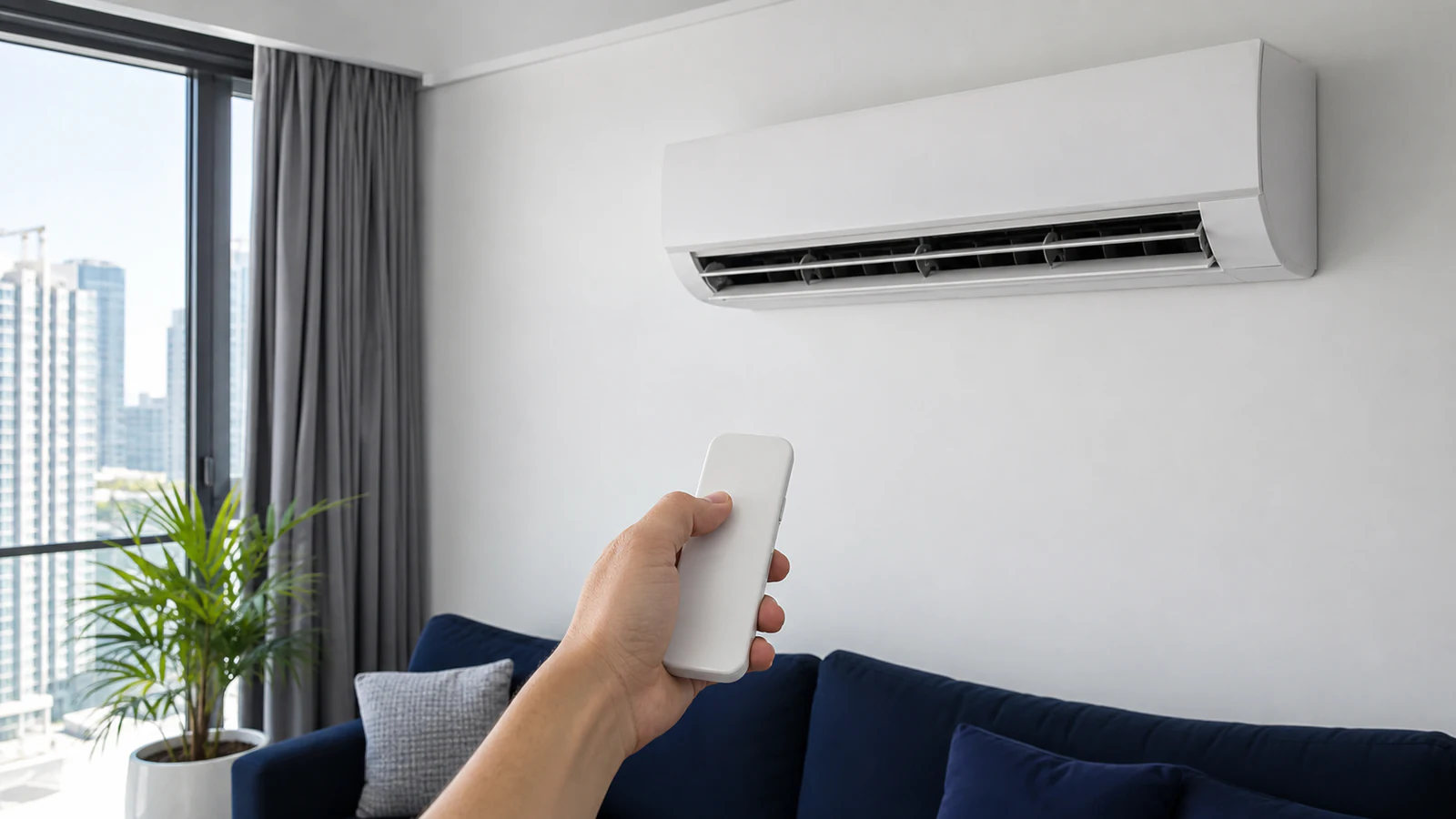 A documented user filter being cleaned away from the AC while the unit remains closed and off.