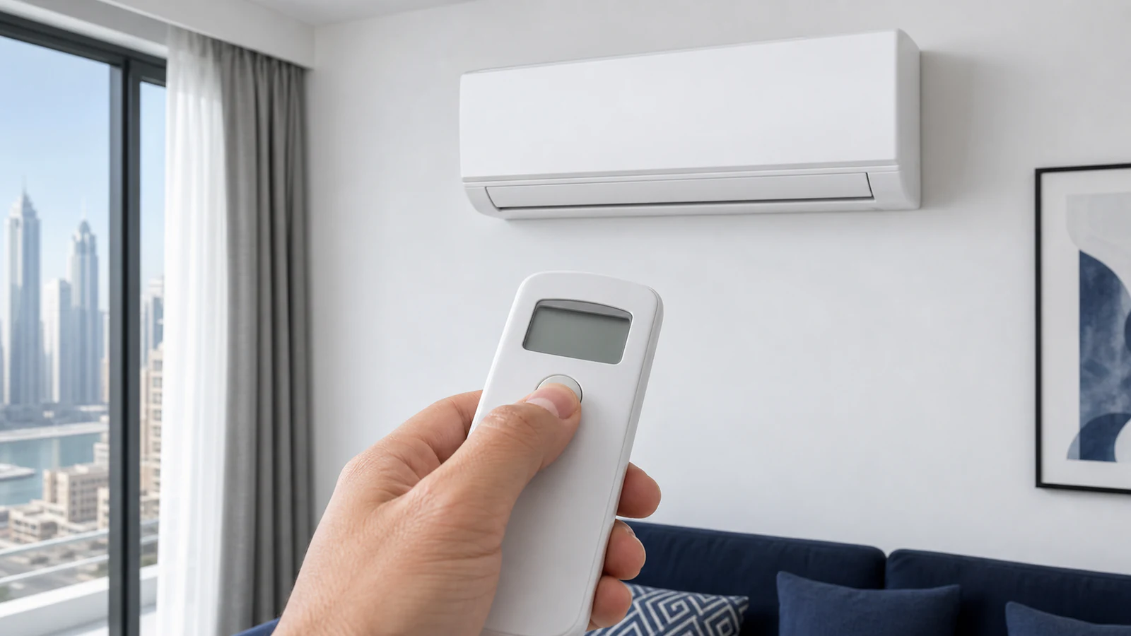 A hand selecting a documented self-clean function on an AC remote while the closed unit runs normally.