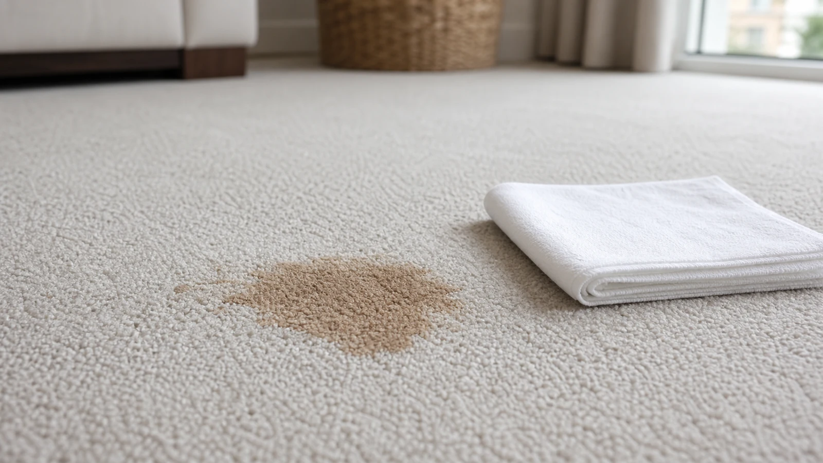 A single old brown stain on a light neutral apartment carpet beside a clean folded white blotting cloth.