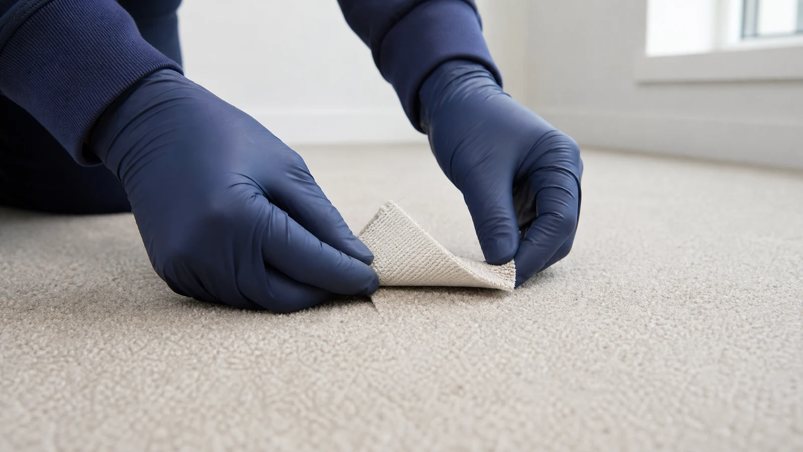 Gloved fingertips inspecting an already-accessible carpet edge and backing without pulling the fixed flooring.