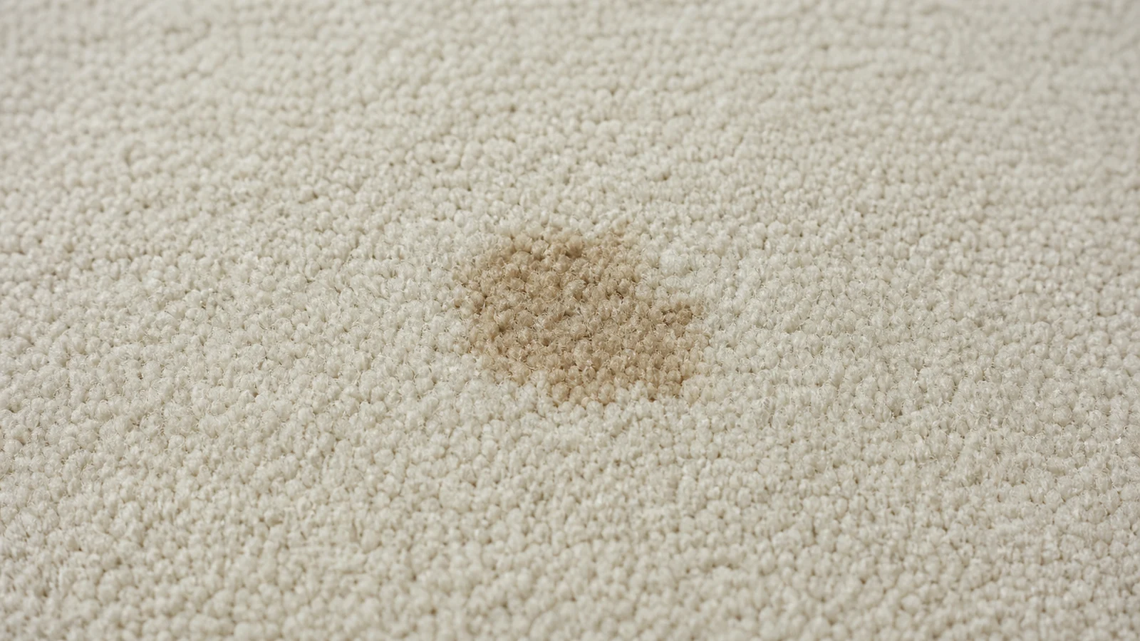 Close-up of carpet surface showing a brownish, undefined stain with slight sheen; hand holding a magnifying glass nearby for inspection