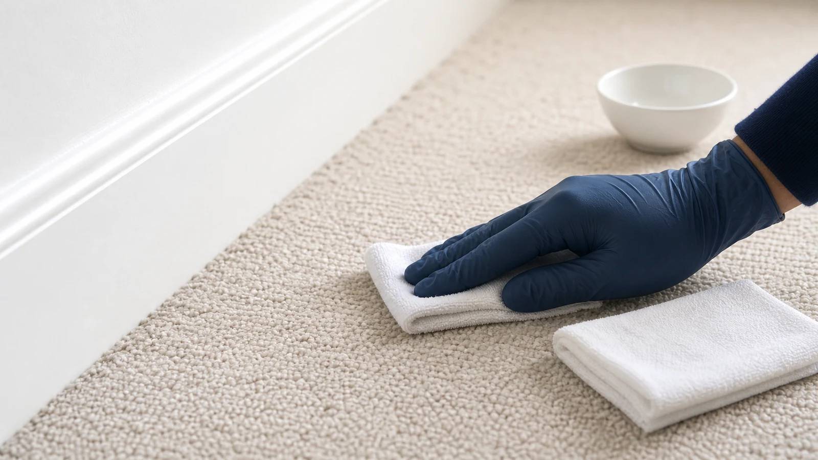 A barely damp white cloth patch-testing an already-accessible hidden carpet edge while a dry cloth waits nearby.