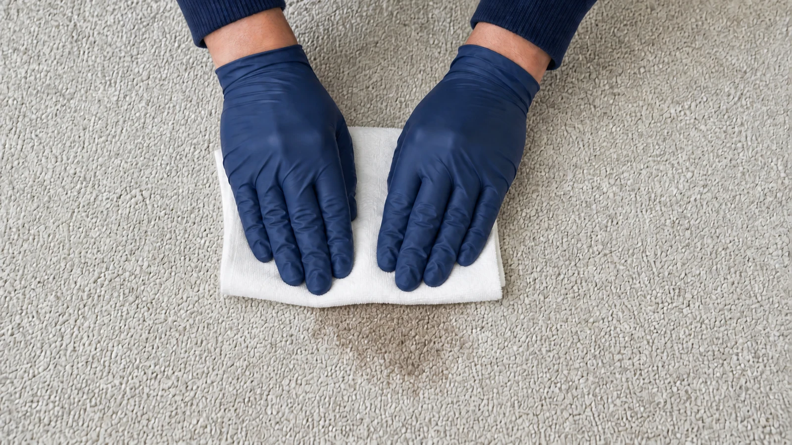 Hands pressing a white cloth vertically onto a carpet stain, moisture visible on the fabric; motion suggests blotting