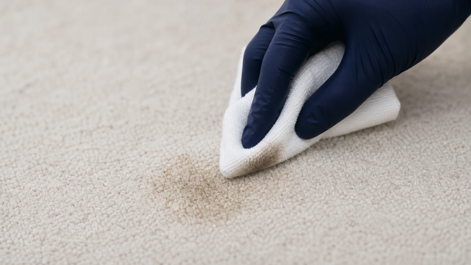 Hands demonstrating blotting technique with a white cloth on a dampened stain, showing the press-and-release motion; before-and-after areas visible