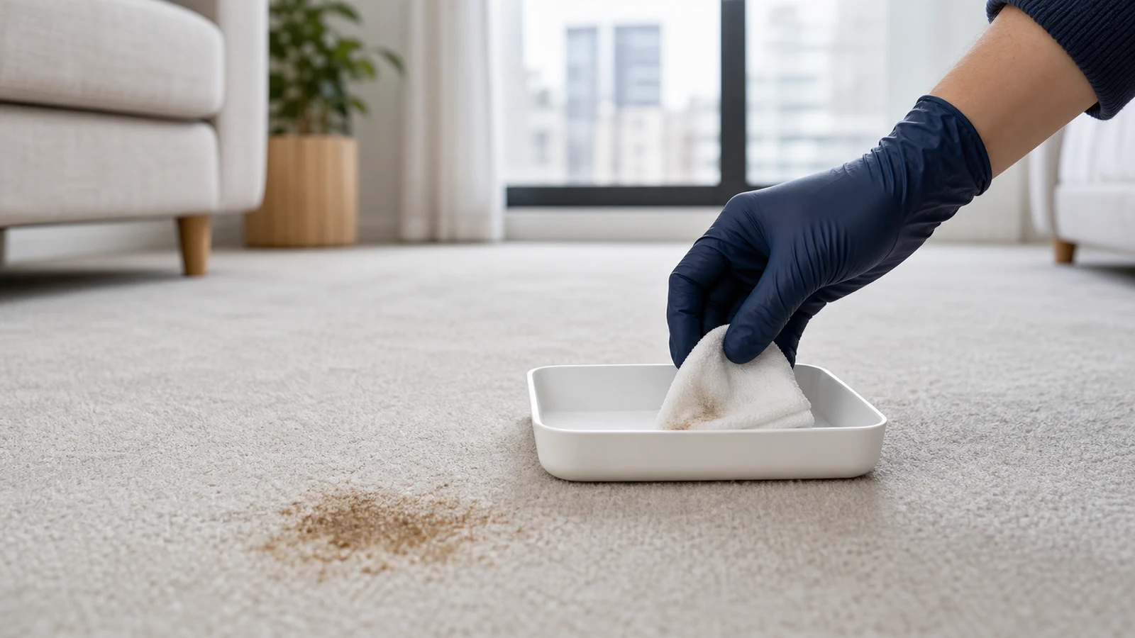 A hand setting the damp blotting cloth aside after one controlled cycle while the remaining stain is left untreated.
