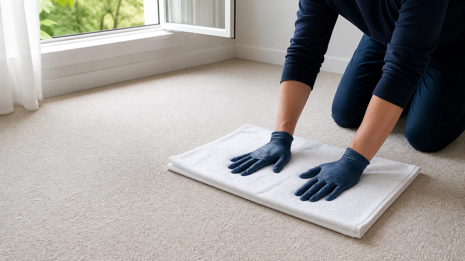 Dry white towels pressed over the treated carpet area while the room ventilates and the floor remains unused.