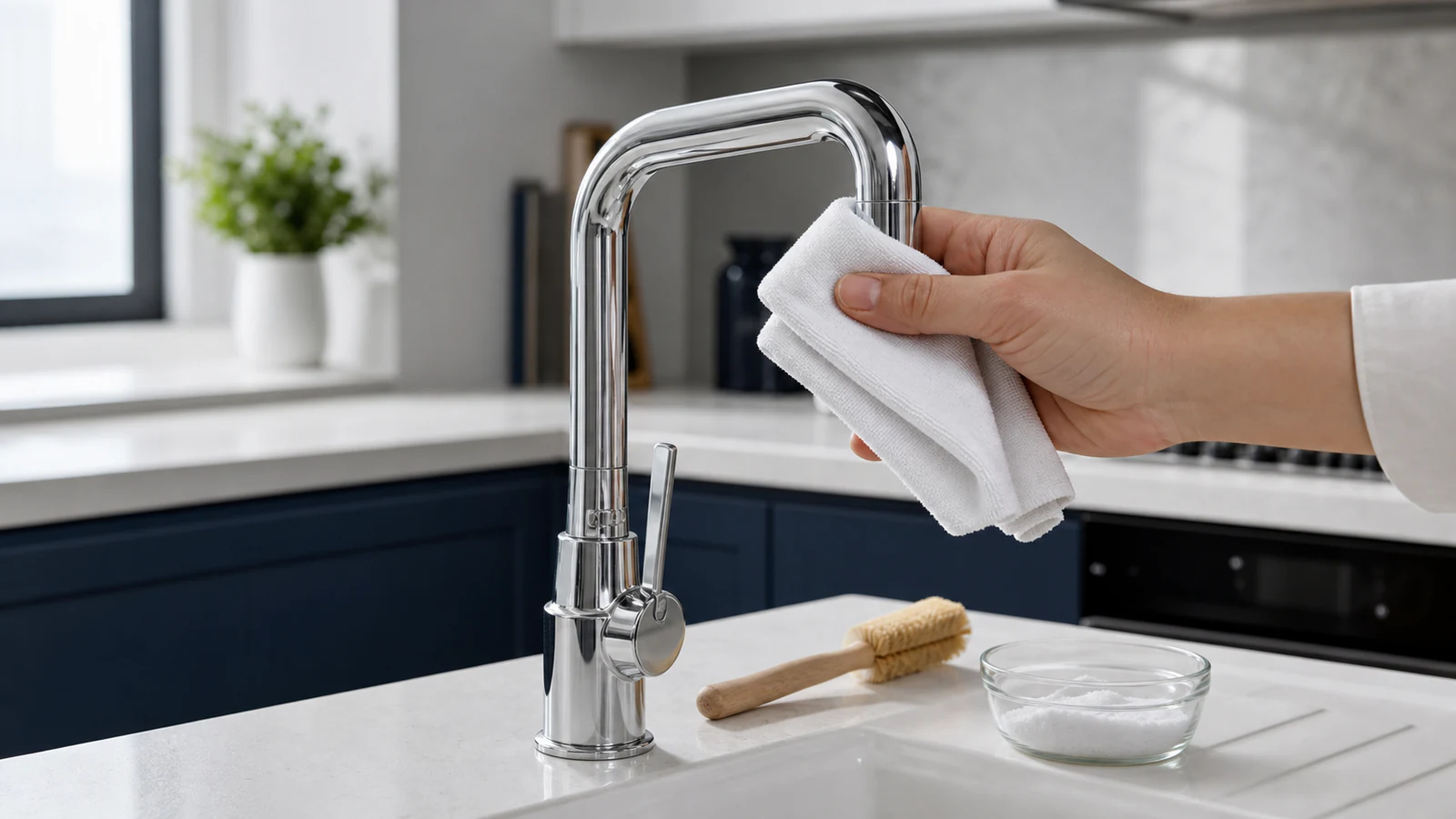 A freshly cleaned kitchen tap shining under natural light, next to a microfibre cloth and a small brush on the countertop.