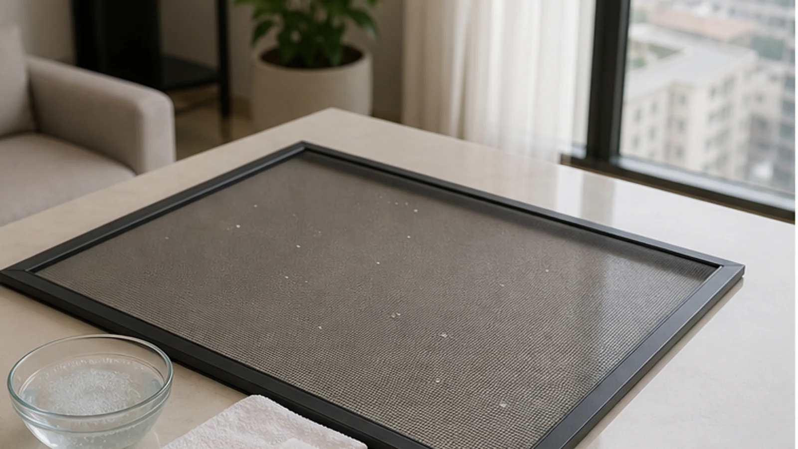 A supported window screen with tiny fresh water-based paint specks beside mild soapy water, a soft cloth and a soft brush.