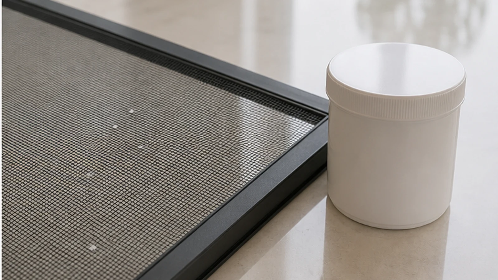 A sound window screen and paint container being checked before cleaning tiny fresh water-based specks.