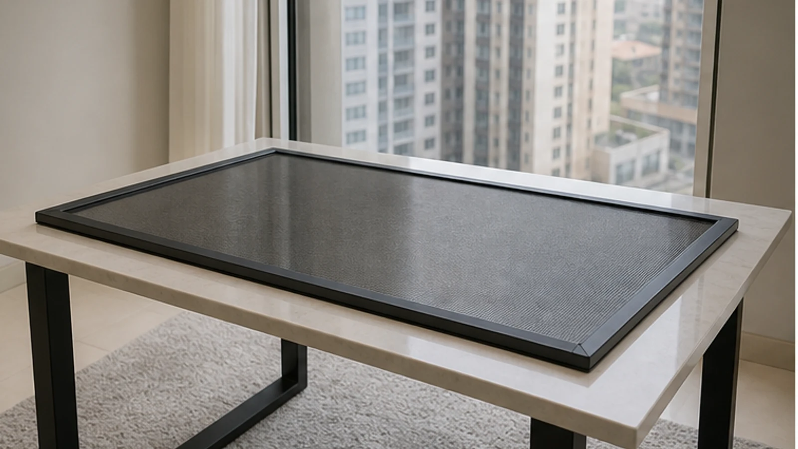 Removable window screen being laid flat on a clean table indoors, paint splatter visible on mesh, positioned for safe working access.