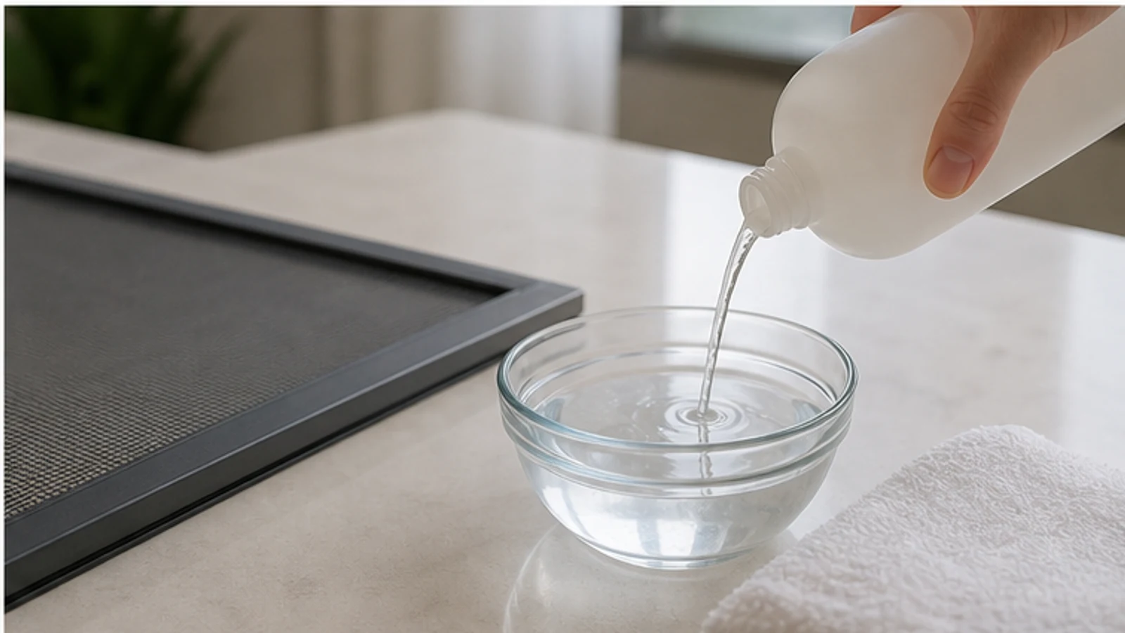 Mild label-diluted soap solution and a clean towel prepared beside a supported window screen.