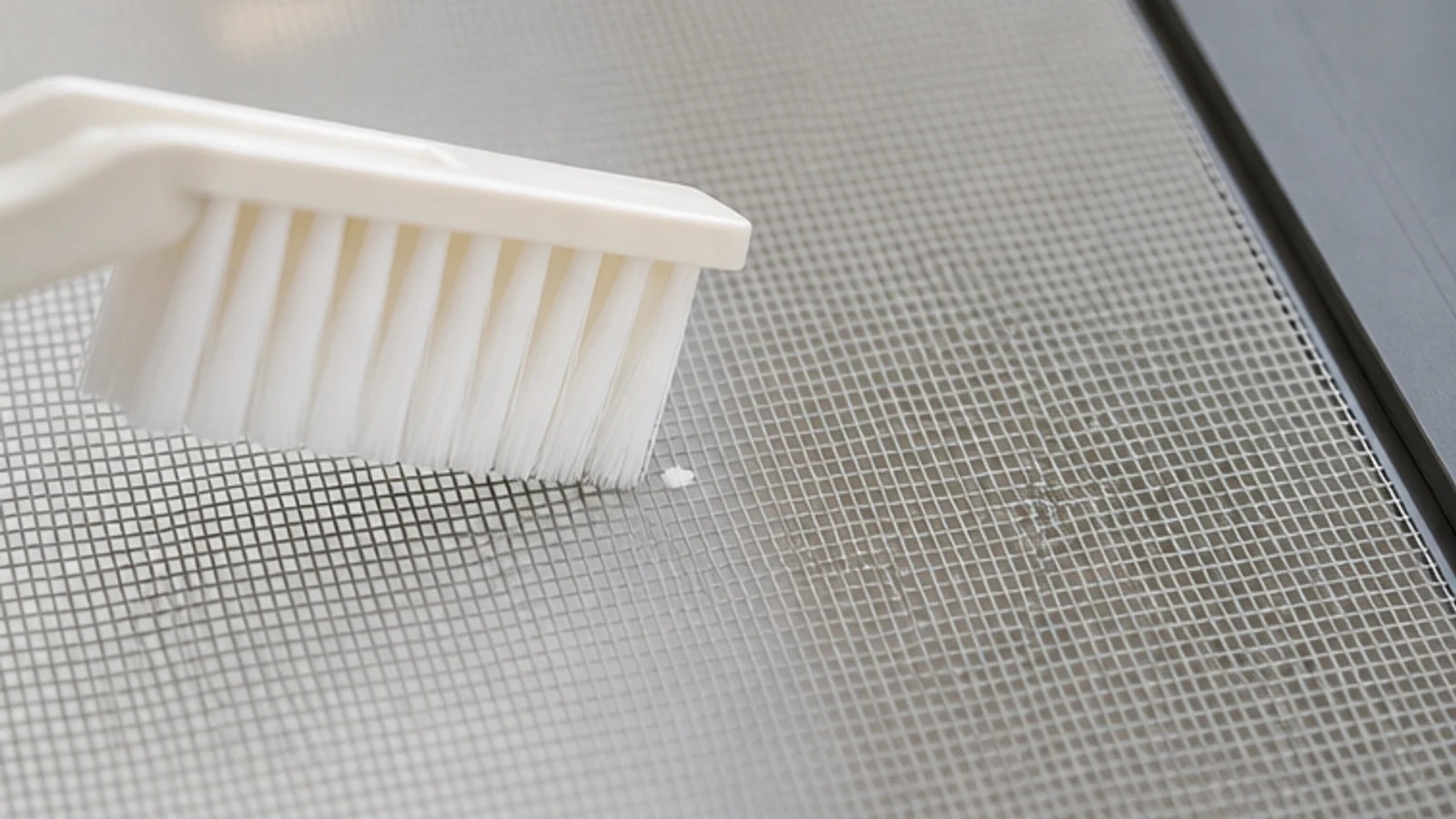 Soft-bristled toothbrush gently sweeping away softened paint from mesh at a shallow angle, paint speck lifting cleanly, mesh fibre intact.