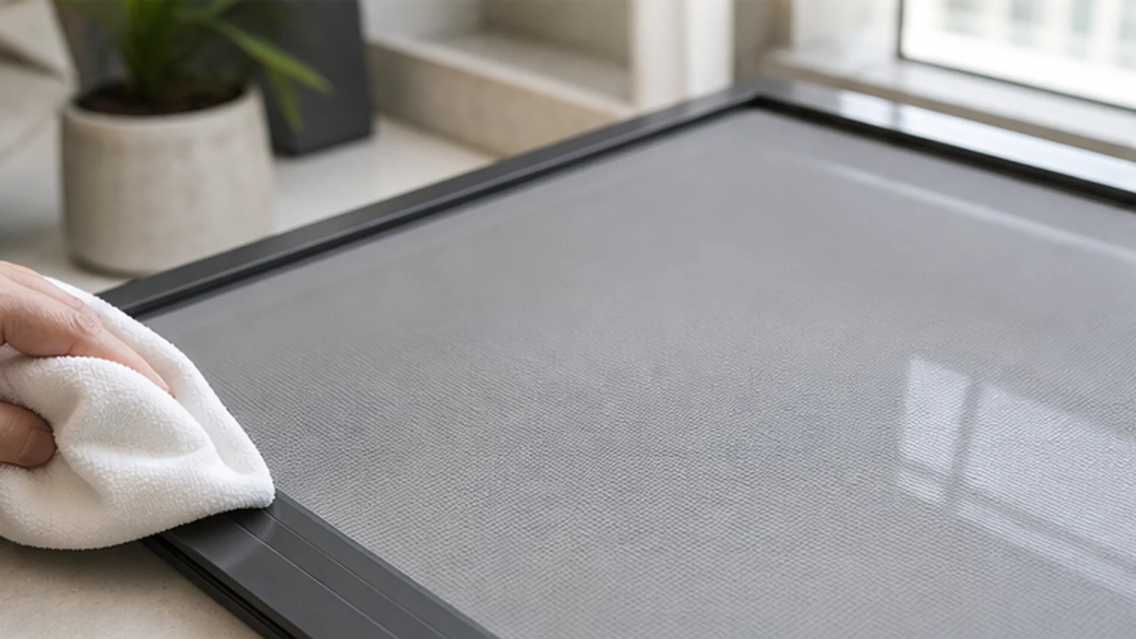 Clean damp cloth wiping treated mesh area, paint removed, screen laid flat to air-dry, neutral lighting.