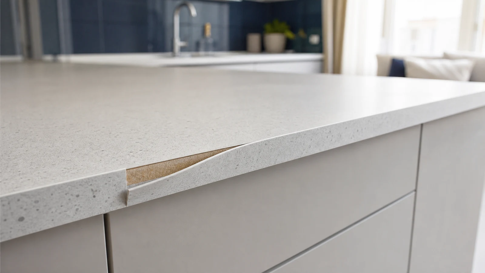 A peeling laminate edge strip on a kitchen countertop, showing the separation between the edge banding and the board.