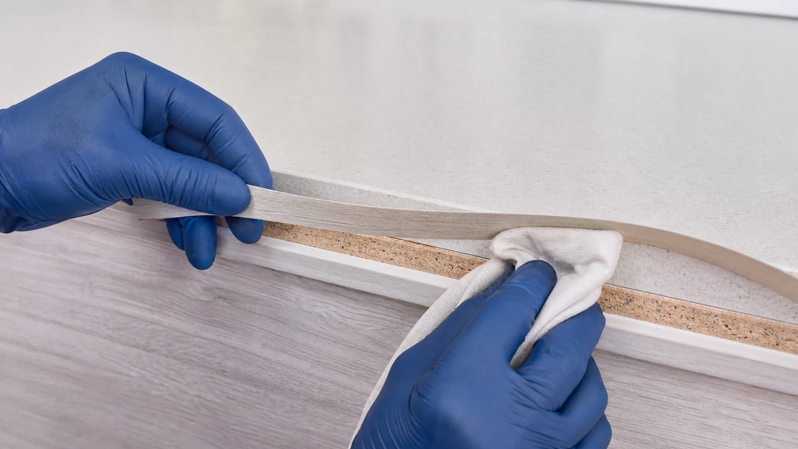 Hands using a dry cloth to wipe the interior surface of a peeling edge strip and the exposed board edge beneath it.