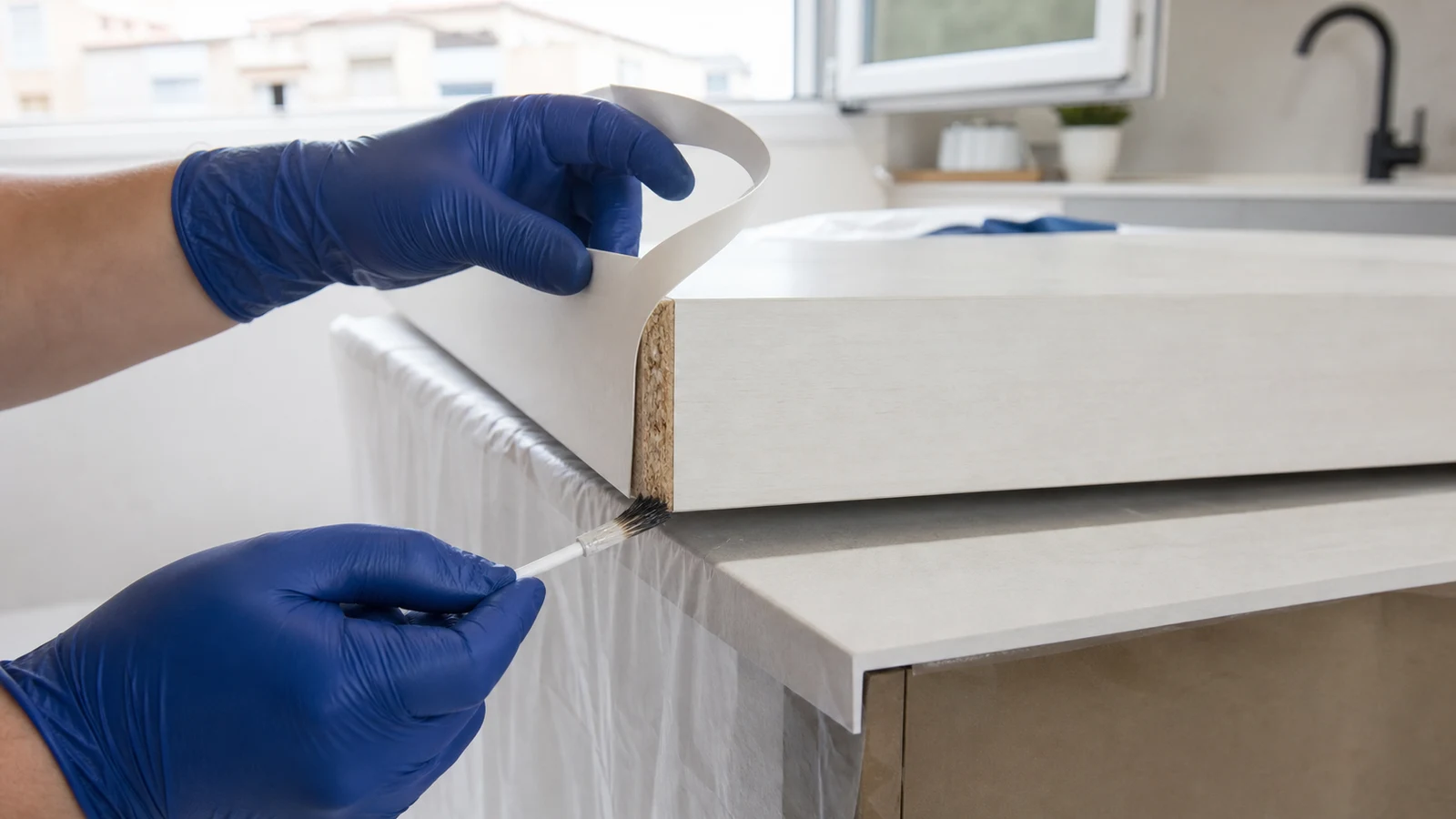 A brush applying contact adhesive to the exposed chipboard edge of a countertop.