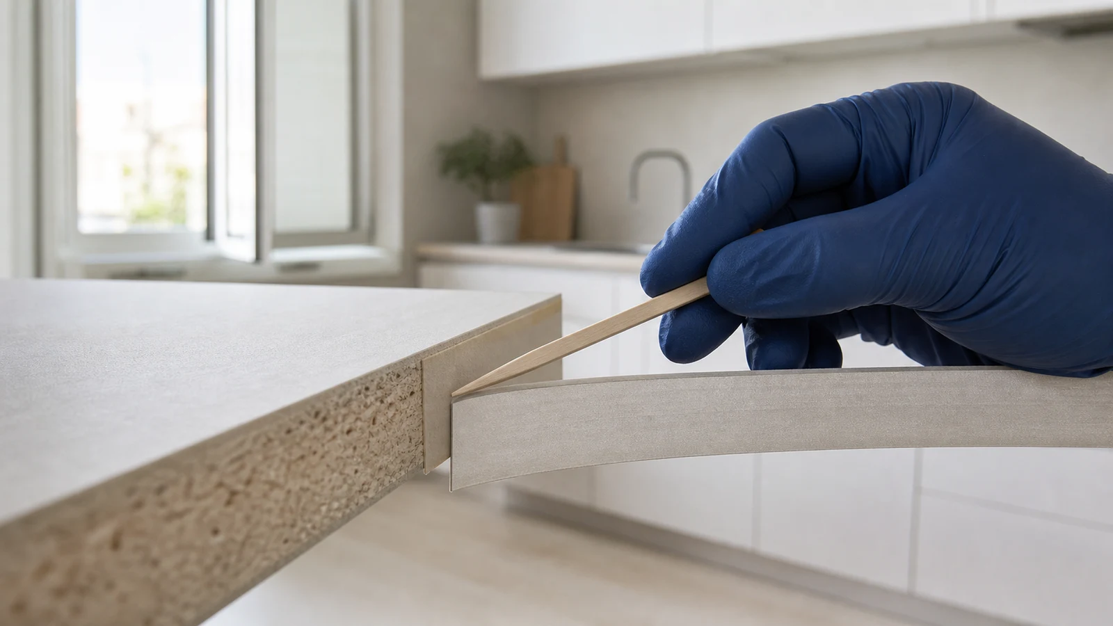 A gloved hand using a clean wooden applicator to test a hidden corner of the matte adhesive film while both surfaces remain separated.