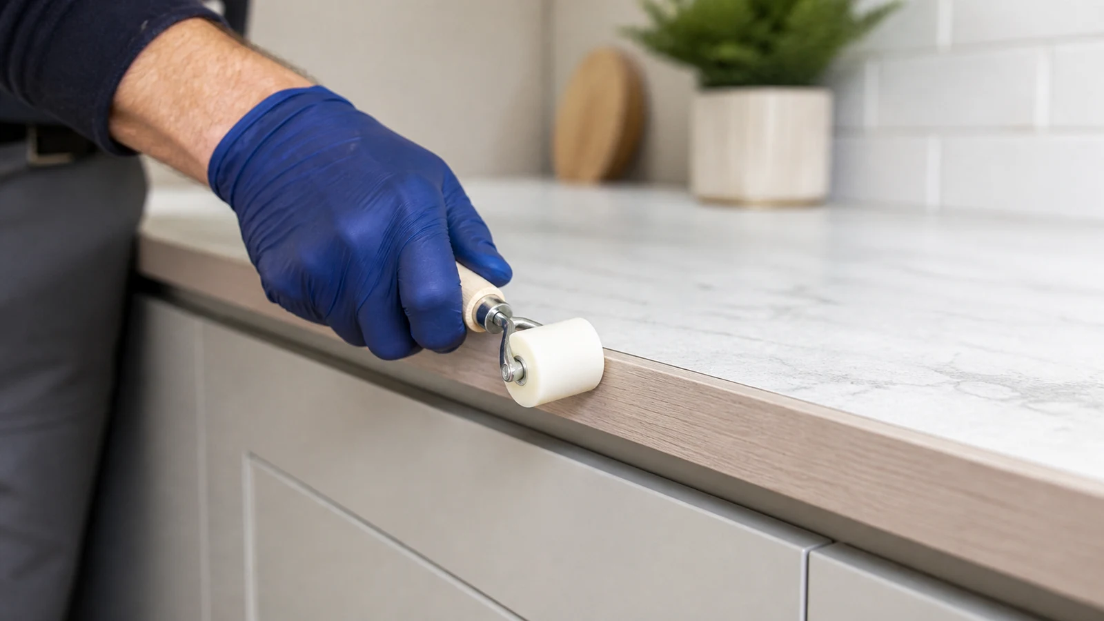 A rubber roller being pressed firmly along the edge of the countertop to seat the edge strip and remove air bubbles.