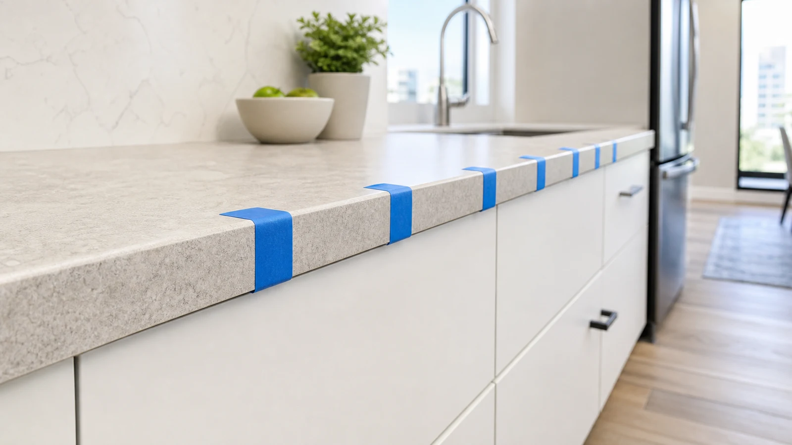 The repaired edge left undisturbed during the adhesive-label cure period, with only the restraint specified by the product instructions.