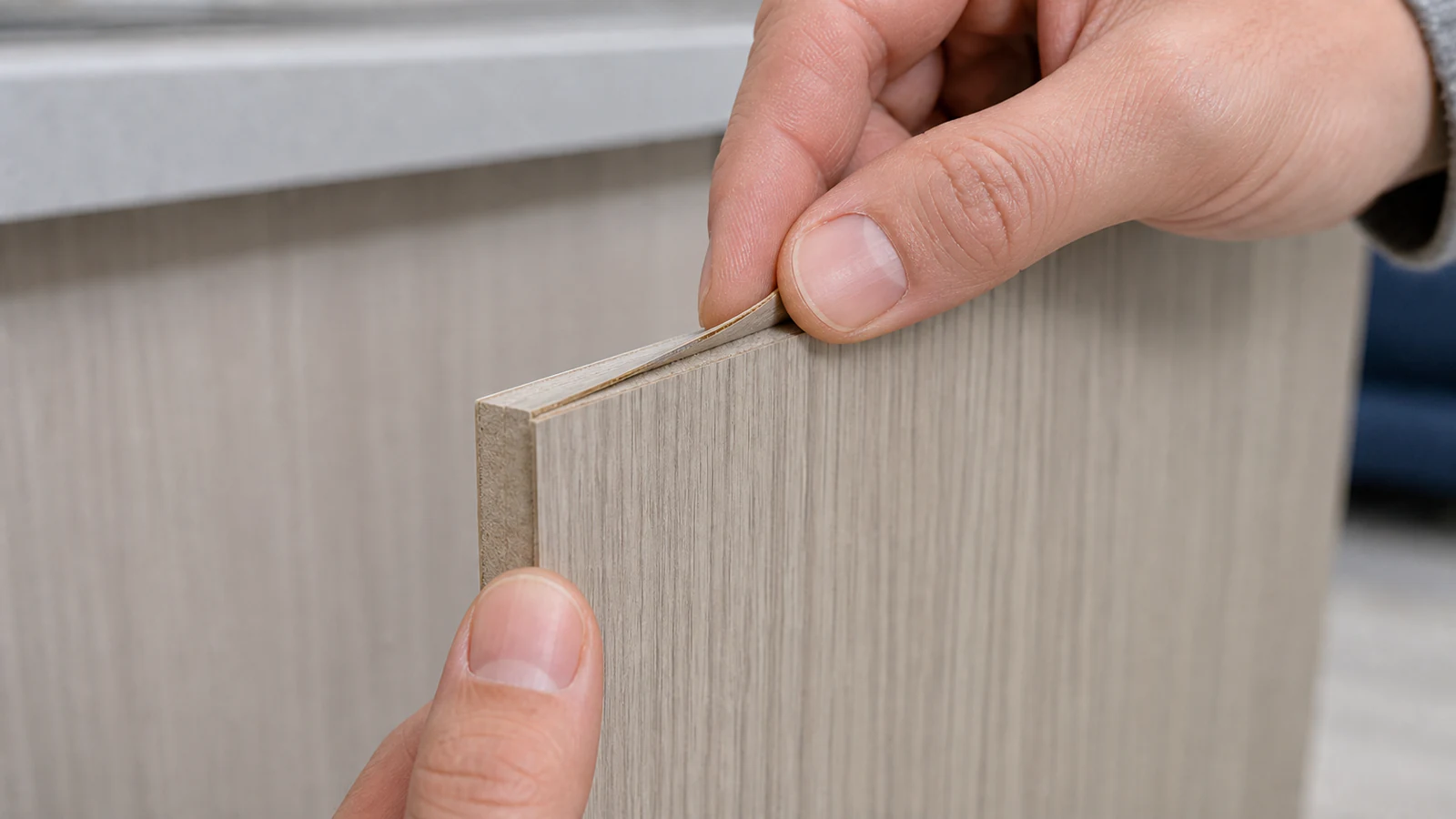 A hand gently lifting a peeling cabinet veneer corner with one fingertip to inspect the substrate underneath, which is dry and light in colour.