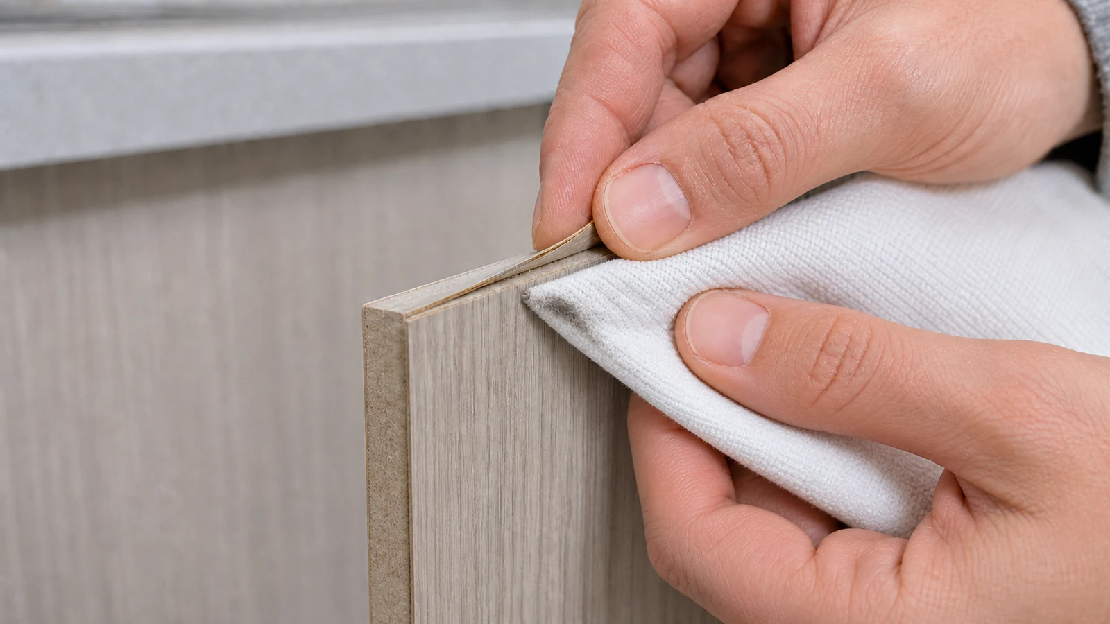 A dry cloth gently wiping the underside of lifted veneer while the veneer is held slightly raised, showing dust and debris being removed.