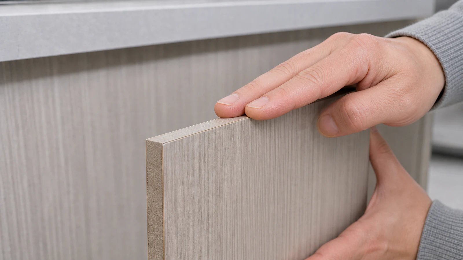 A hand pressing down on the re-glued veneer corner with flat palm pressure, ensuring even contact along the seam.