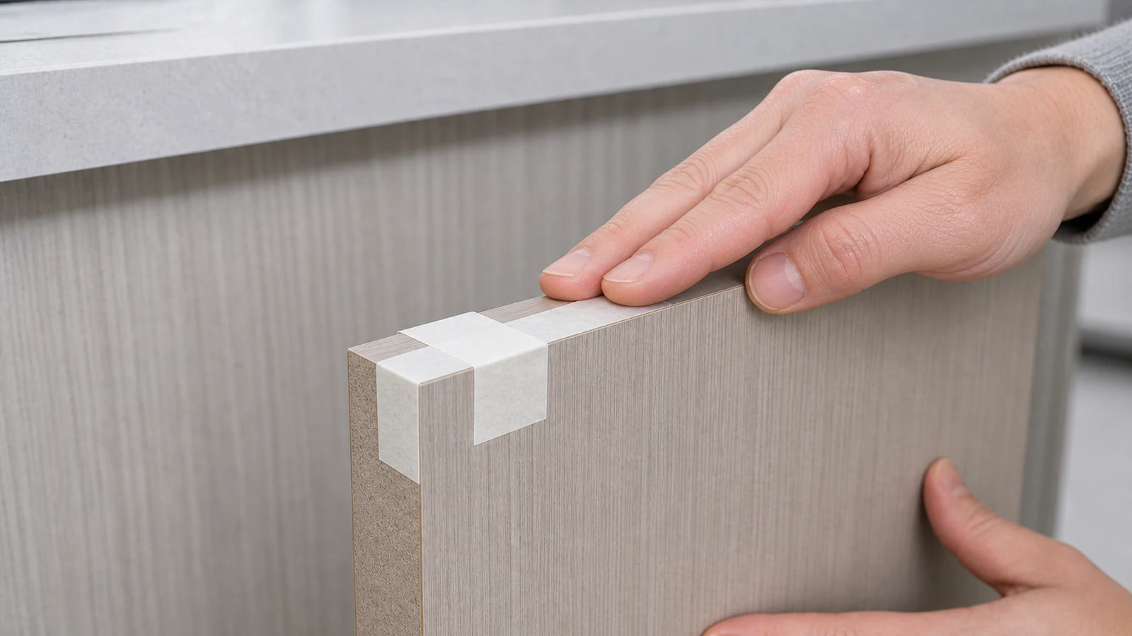 Masking tape applied in a cross pattern over a cabinet door veneer seam, holding the repaired edge flat and secure.
