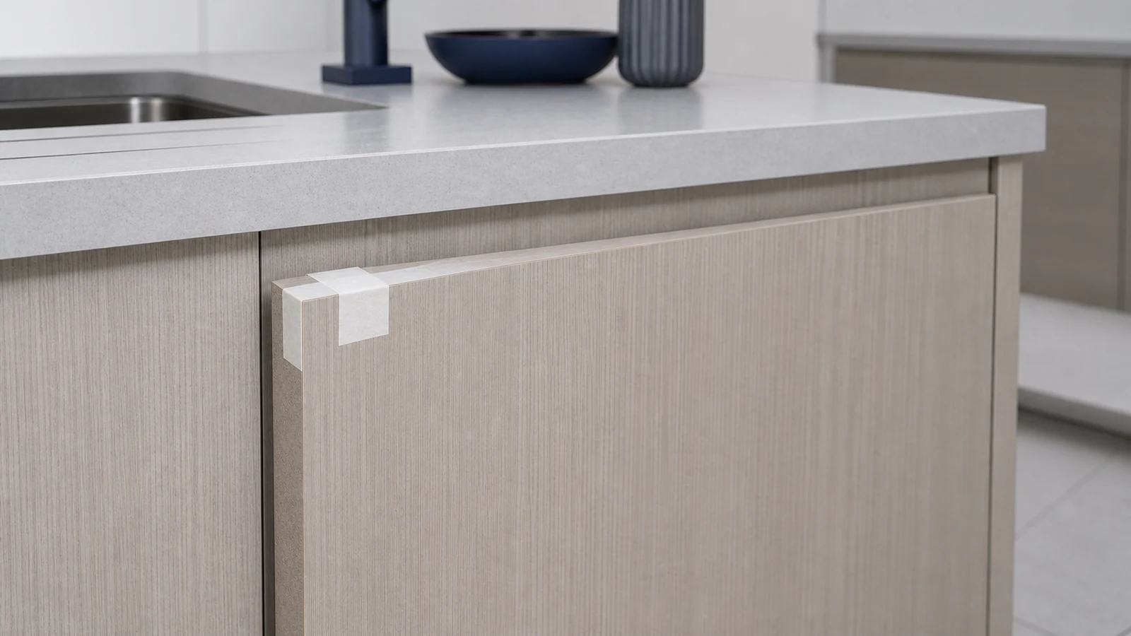 A cabinet door with taped veneer repair left undisturbed on a kitchen unit, viewed from across the room to show the repair in context.