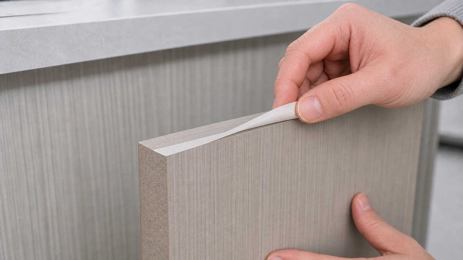 A hand peeling tape away from a cabinet door veneer seam at a shallow angle, revealing the bonded and tight seam underneath.