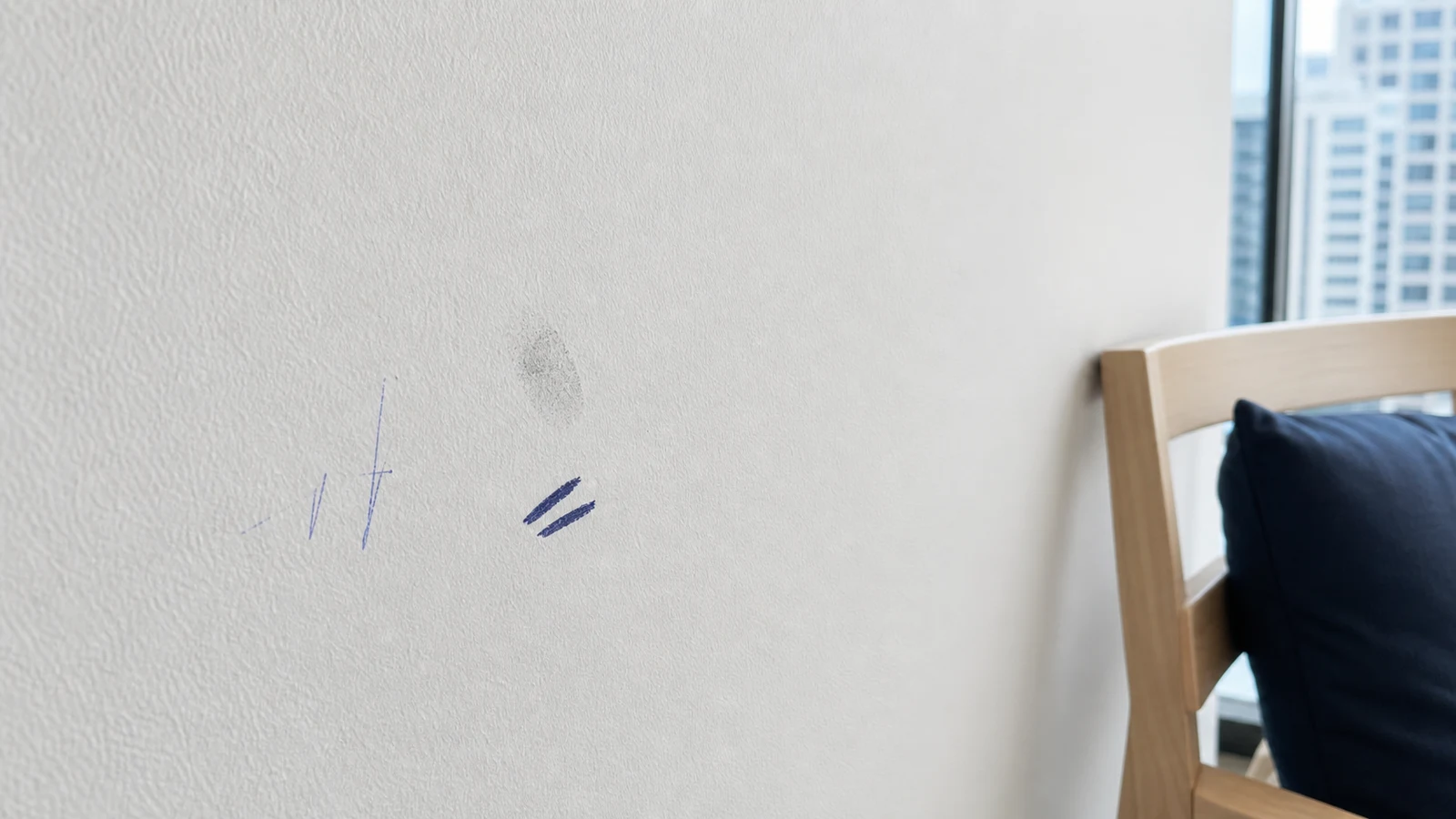 Child's colourful marker marks on a white painted bedroom wall, before cleaning begins
