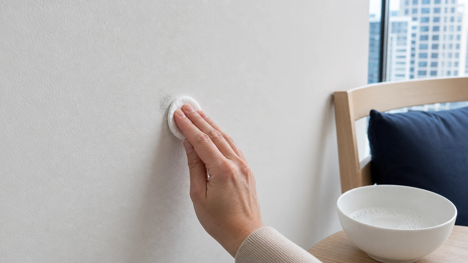 Hand pressing a damp soapy cotton pad against a greasy fingerprint smudge on white wall