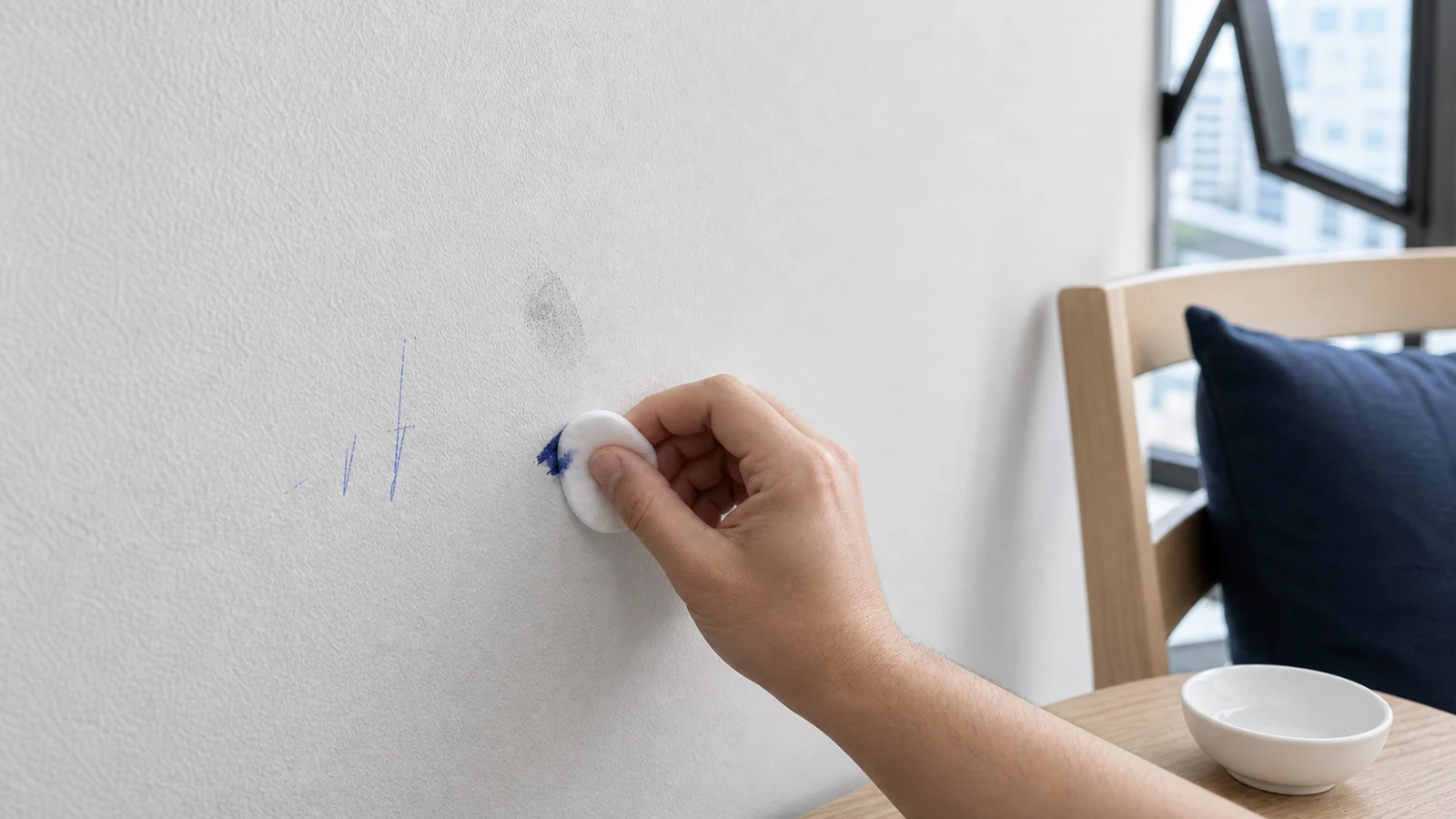 Hand blotting a blue marker line on a painted wall with a clean white cloth after a hidden compatibility test