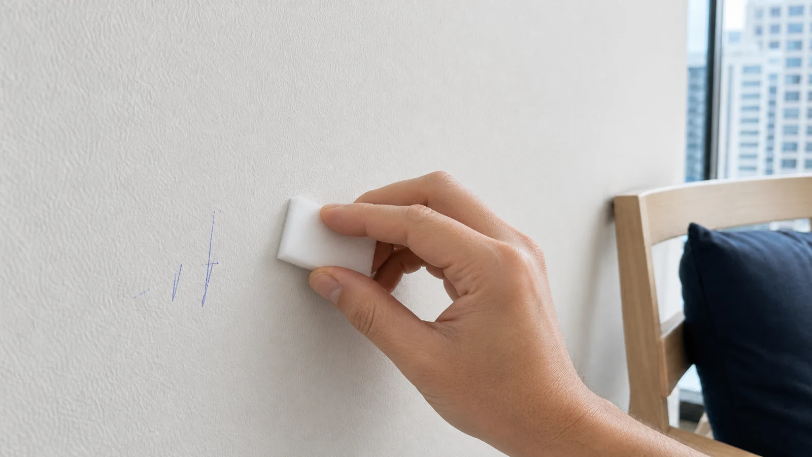 Hand holding a wet magic eraser pad pressed very lightly against remaining crayon mark on wall, minimal pressure shown